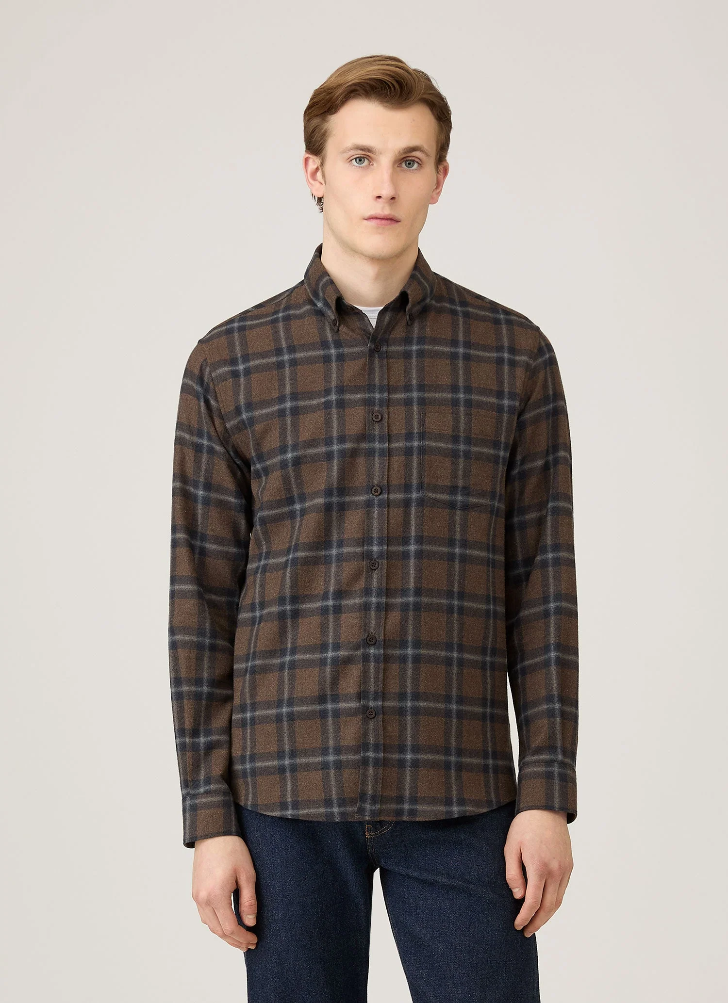 Men's Button Down Flannel Shirt in Bark Check - Image 2