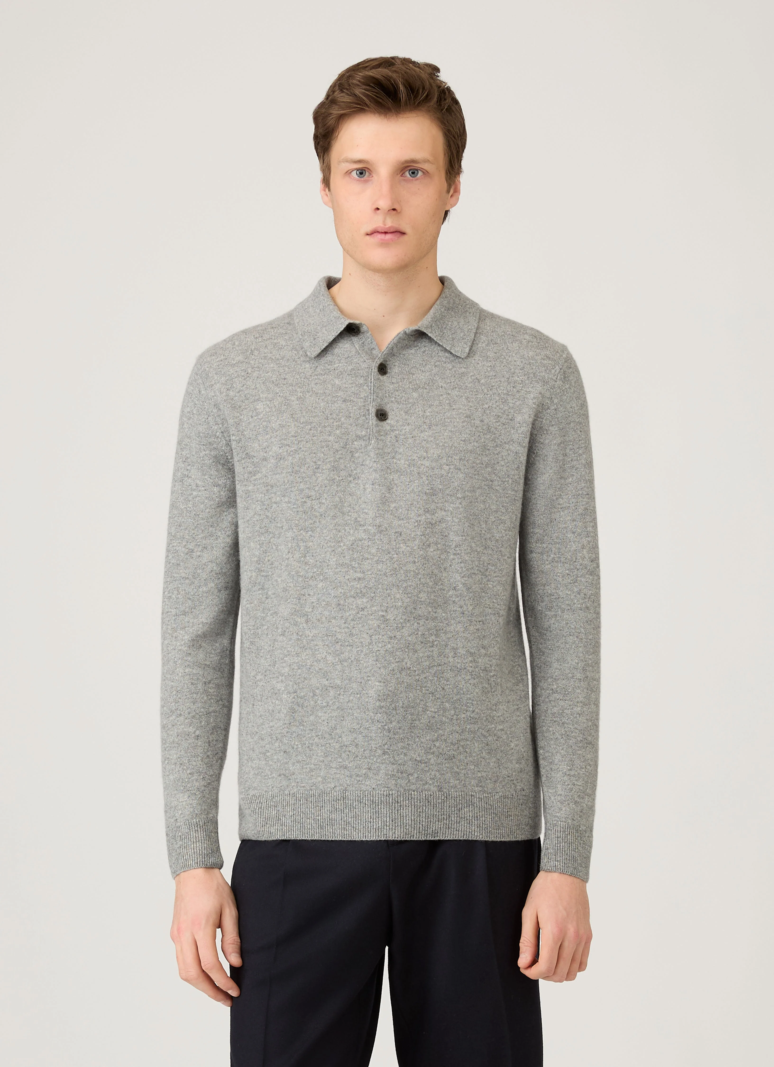 Men's Cashmere Knitted Polo Shirt in Grey Melange - Image 2