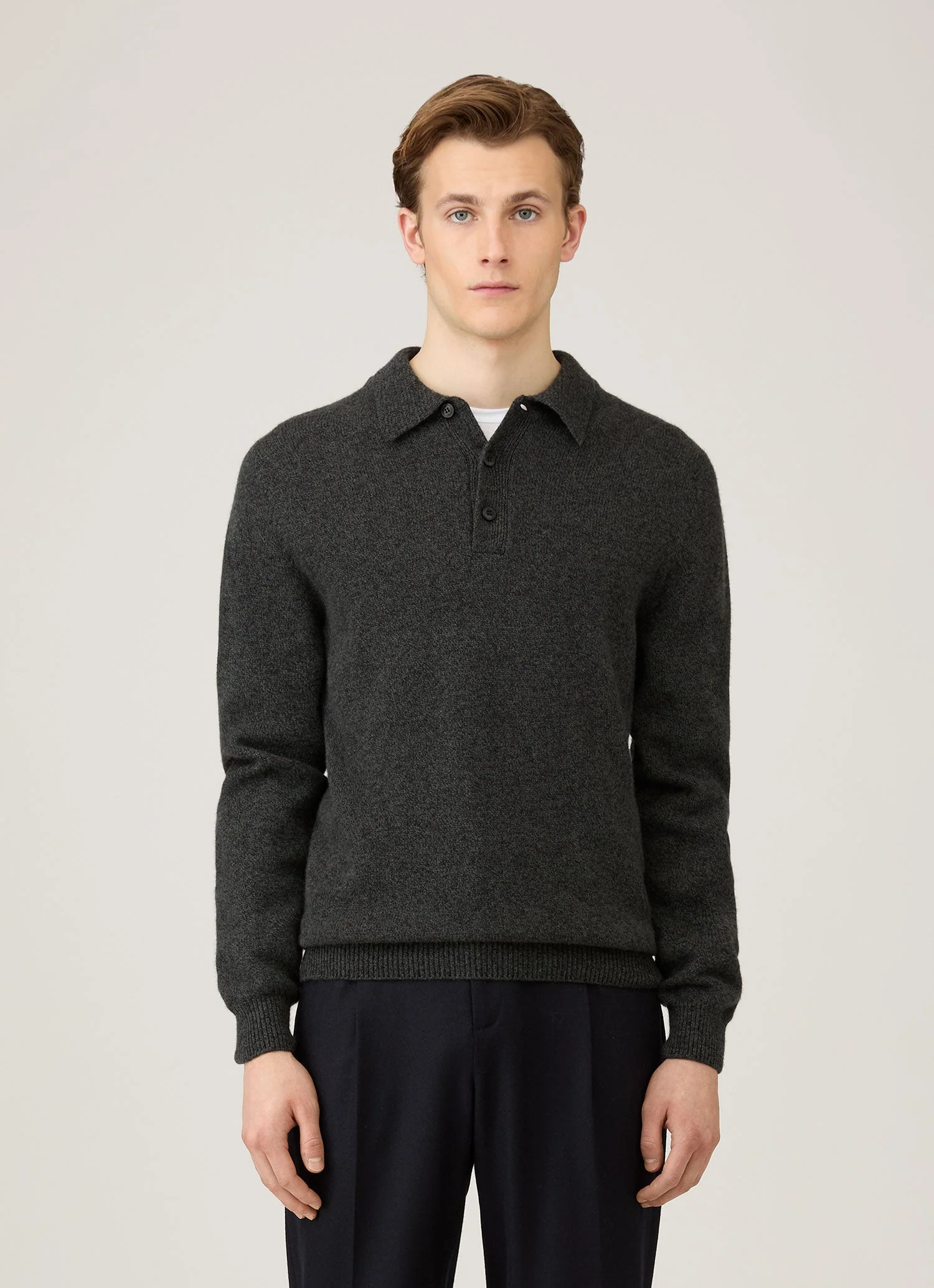 Men's Lambswool Knitted Polo Shirt in Dark Green Twist - Image 2