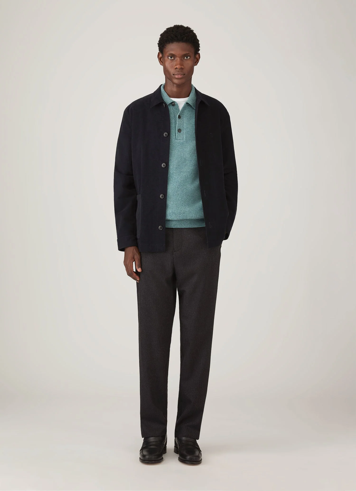 Men's Lambswool Knitted Polo Shirt in Steel Green - Image 3