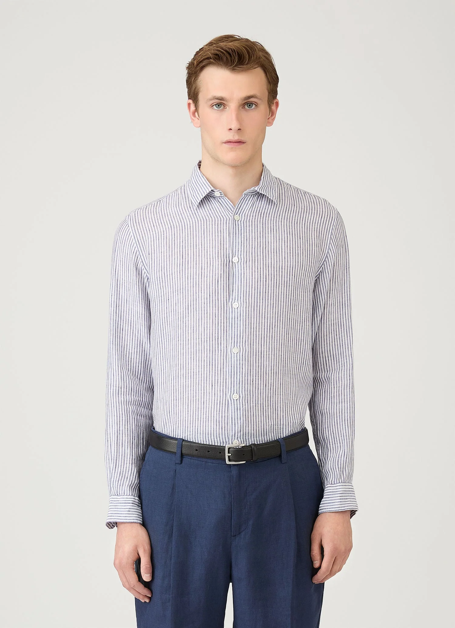 Men's Linen Shirt in White/Navy - Image 2