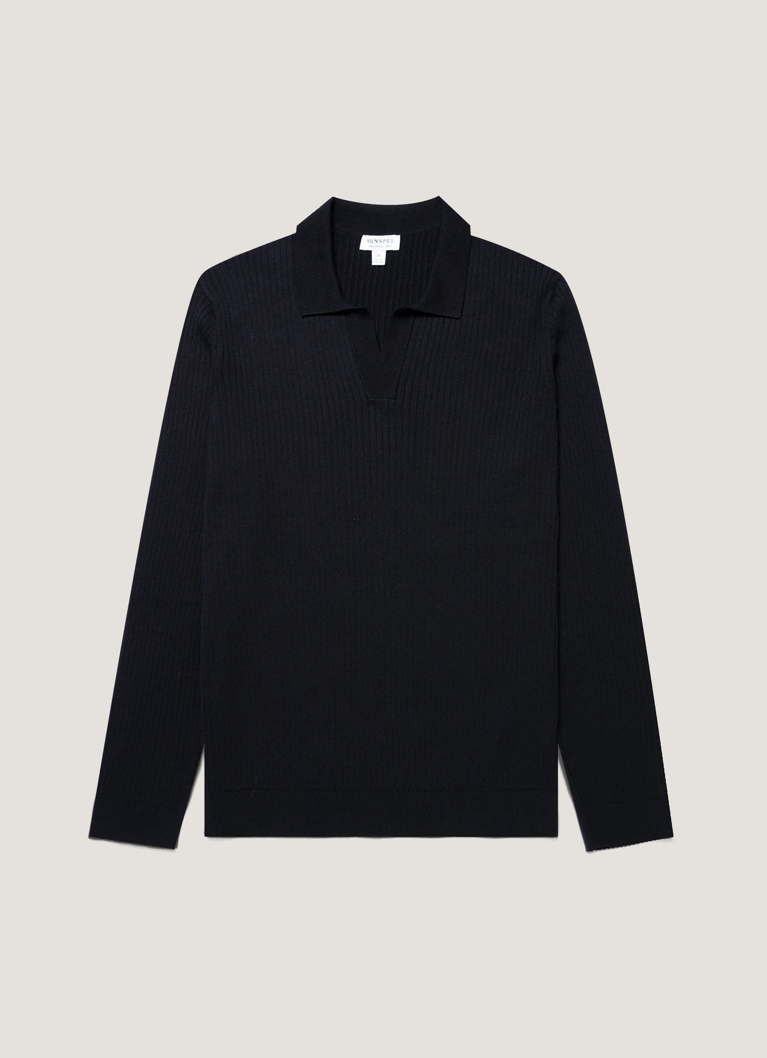Men's Long Sleeve Fine Rib Silk Cotton Polo in Navy