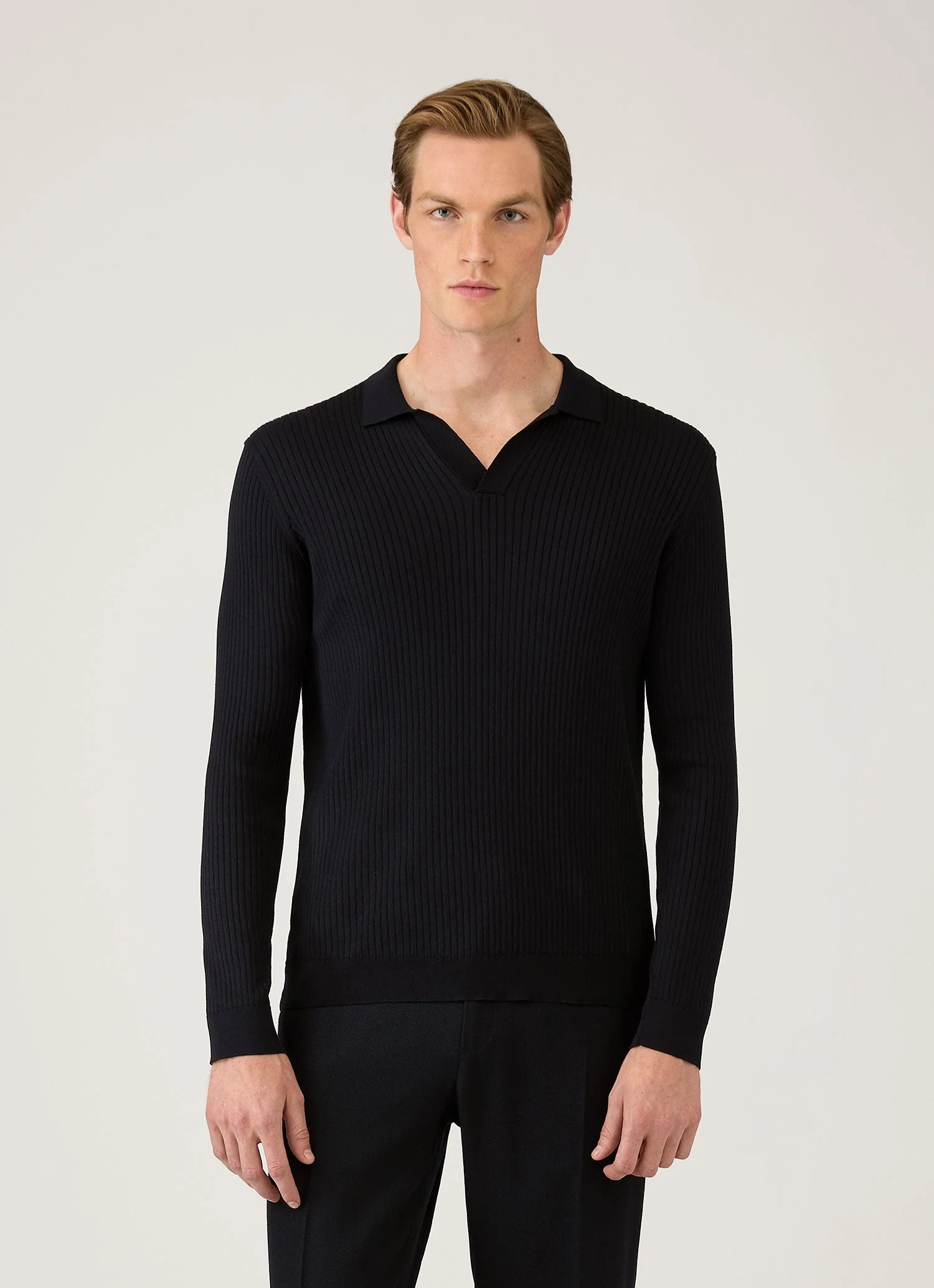 Men's Long Sleeve Fine Rib Silk Cotton Polo in Navy - Image 2