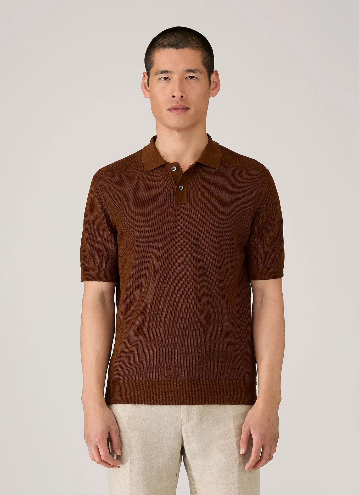 Men's Silk Linen Honeycomb Polo in Bronze - Image 2