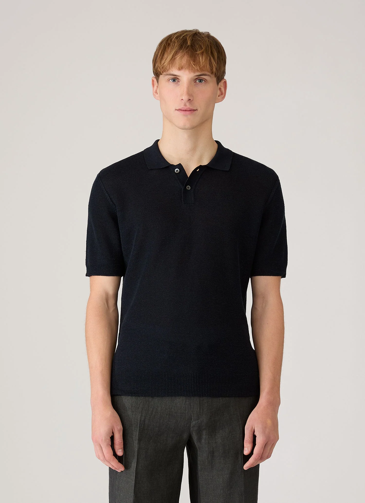Men's Silk Linen Honeycomb Polo in Light Navy - Image 2