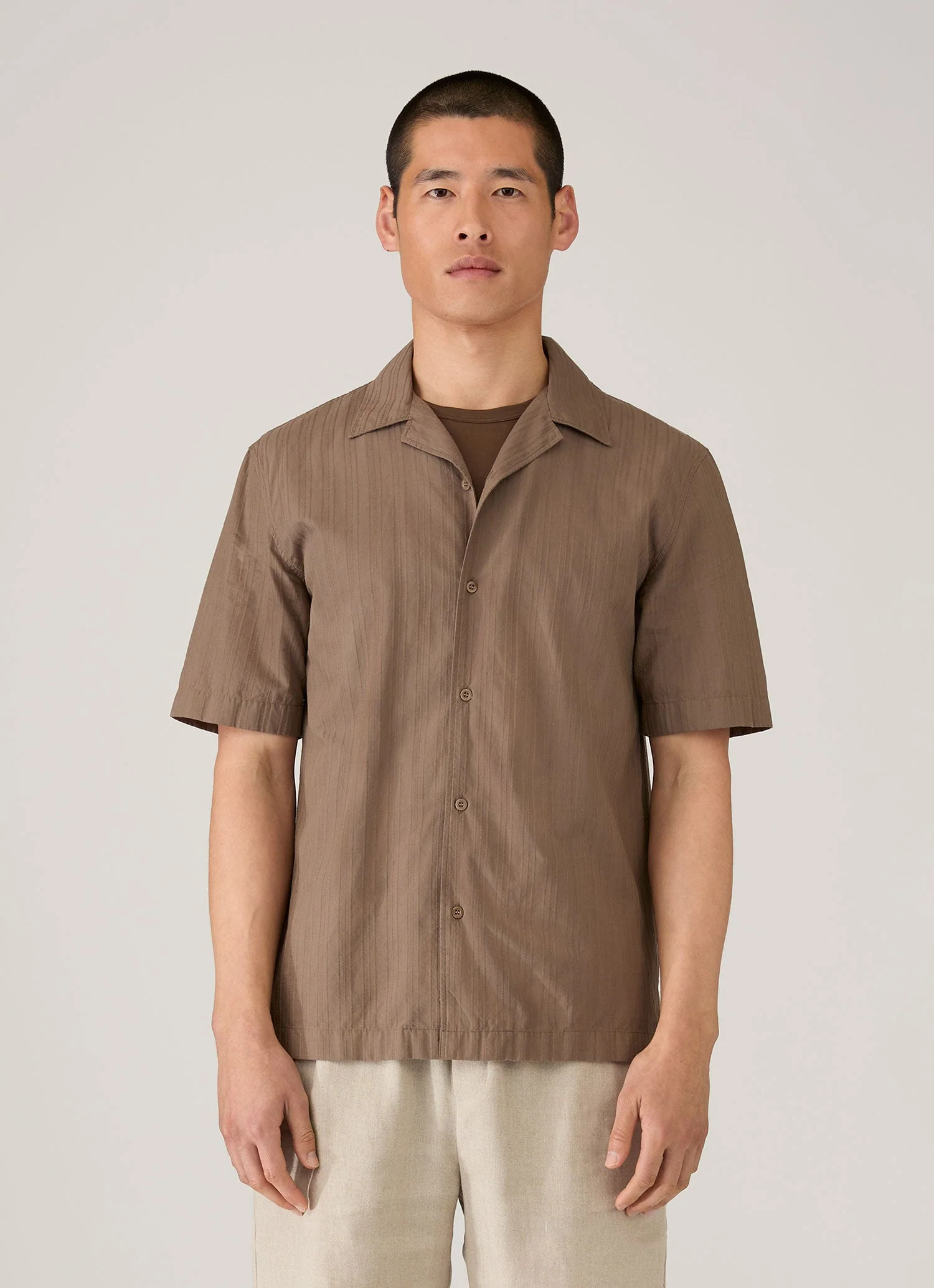Men's Textured Stripe Camp Collar Shirt in Dark Cedar - Image 2