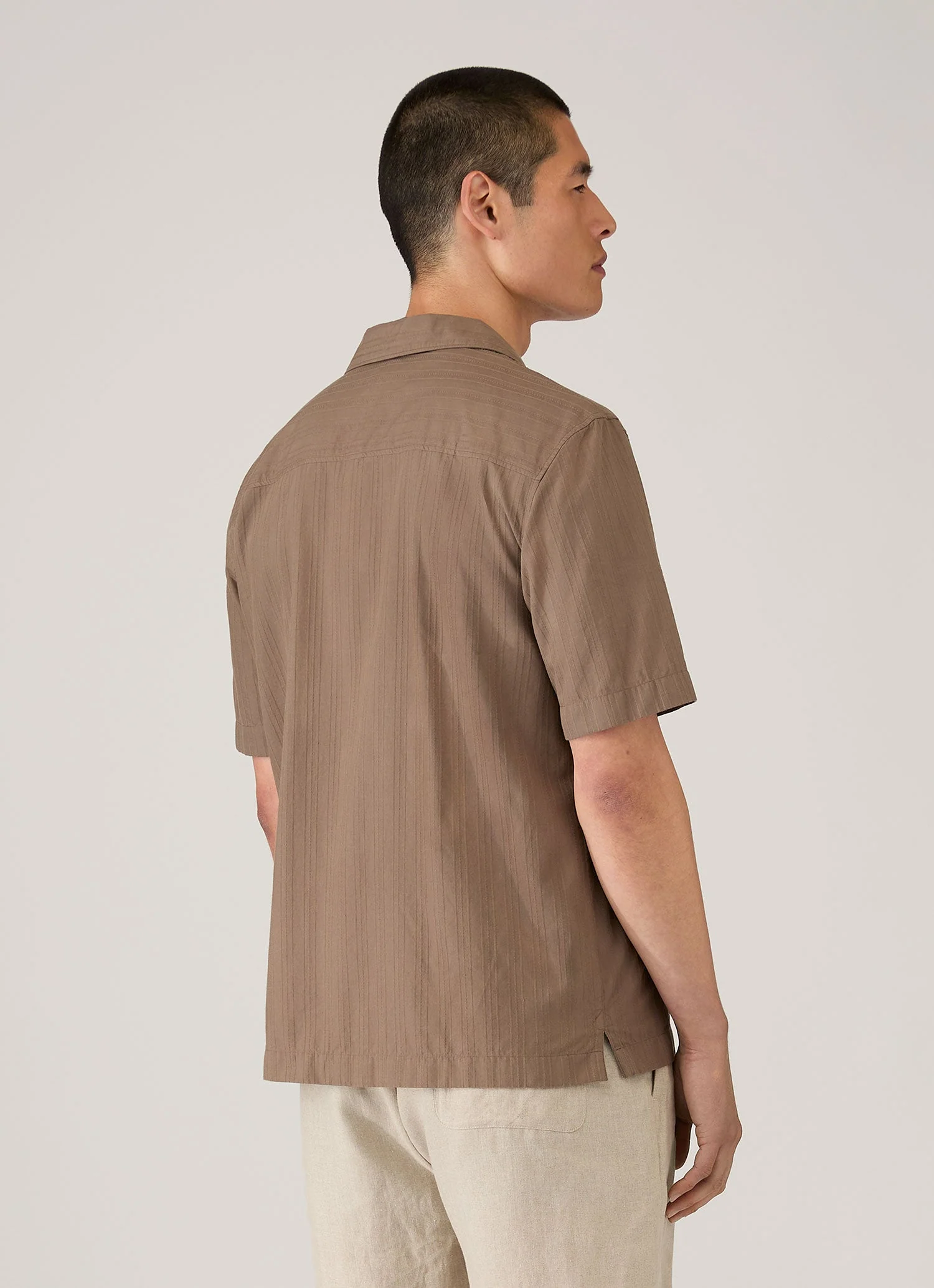 Men's Textured Stripe Camp Collar Shirt in Dark Cedar - Image 5