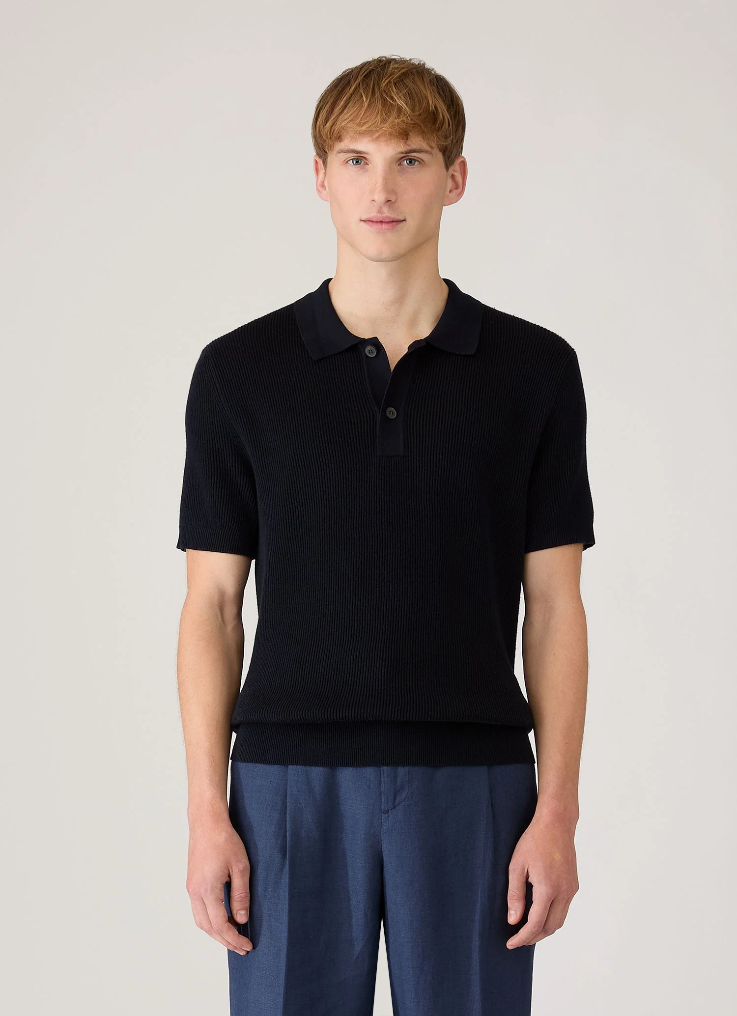Men's Contrast Rib Polo Shirt in Navy - Image 2